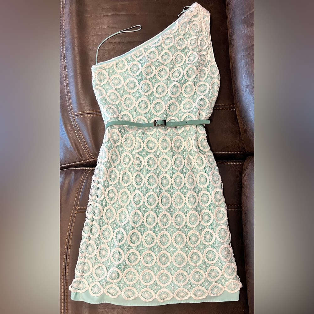 Vince Camuto mint green dress with crochet lace, Size 12, side zipper